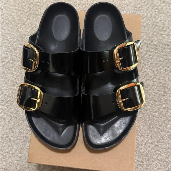 Black Big Buckle Shiny Birkenstock Sandals with Gold Buckles - Picture 1 of 5